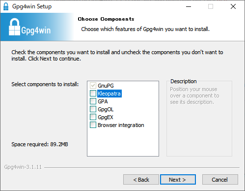 Gpg4winのインストーラ画面でGnuPG以外のコンポーネントのチェックを外した様子